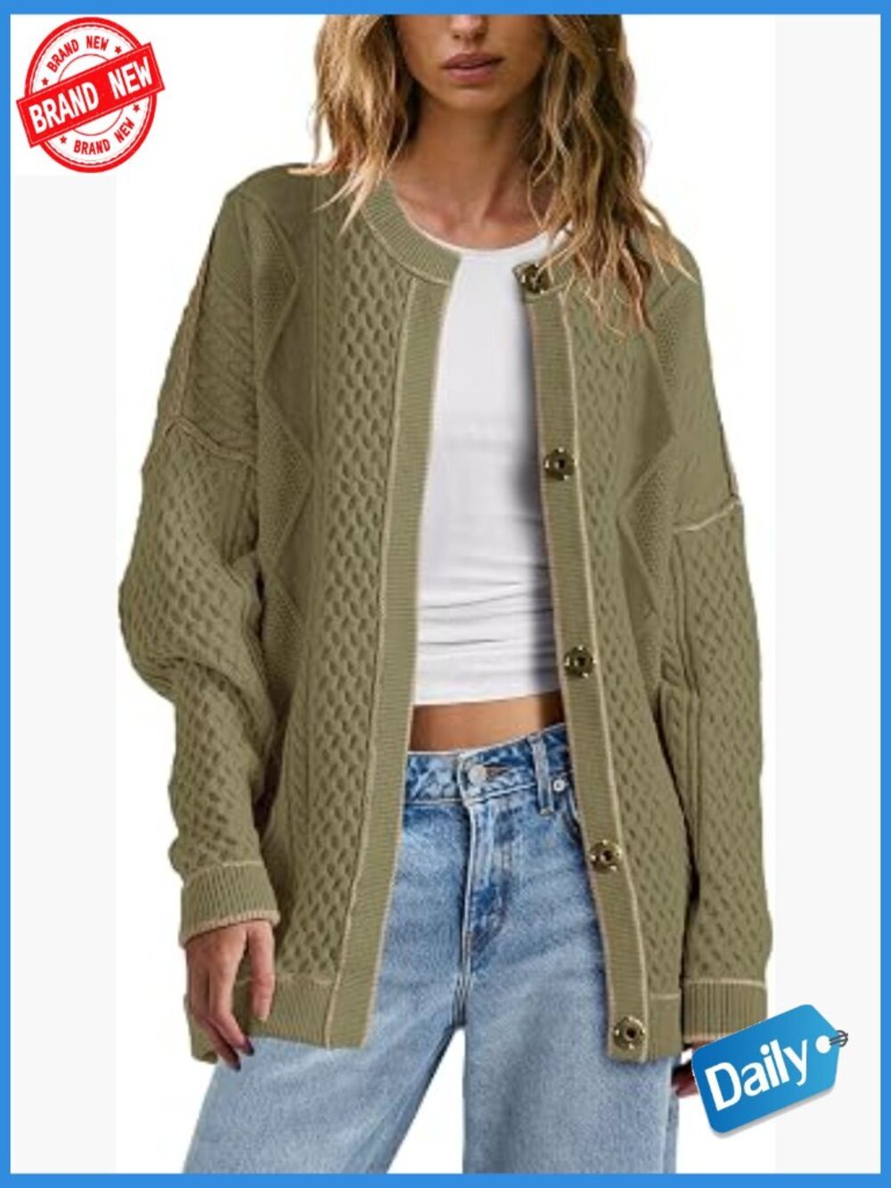 Oversized Cable Knit Cardigan Sweater Lightweight Button Down Striped Jacket